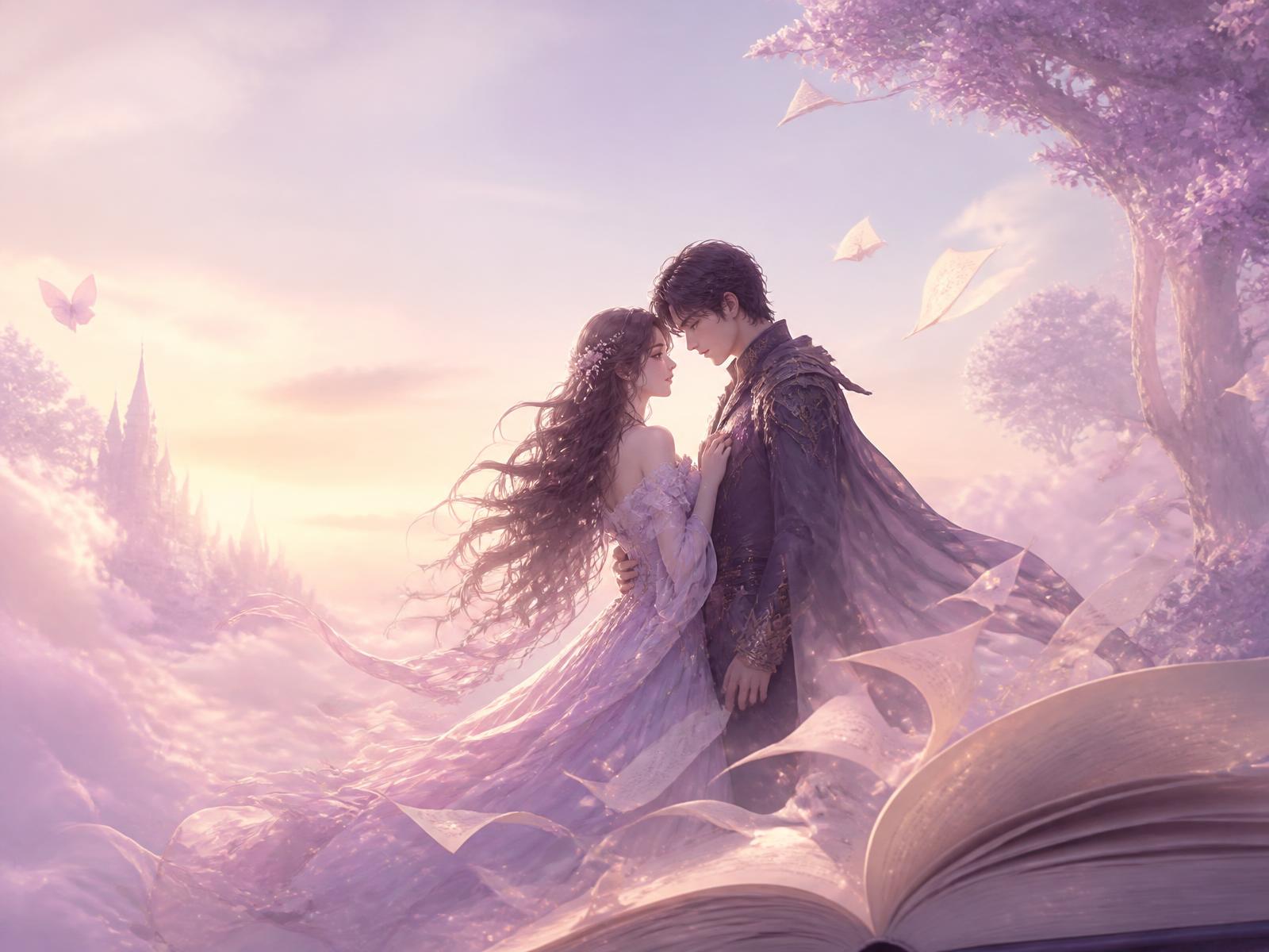 A romantic fantasy scene emerging from an open storybook: two characters, floating pages, and a dreamy lavender world